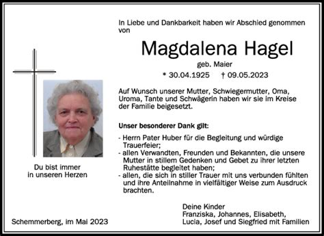 Traueranzeigen Von Magdalena Hagel Schwaebische De Trauerportal