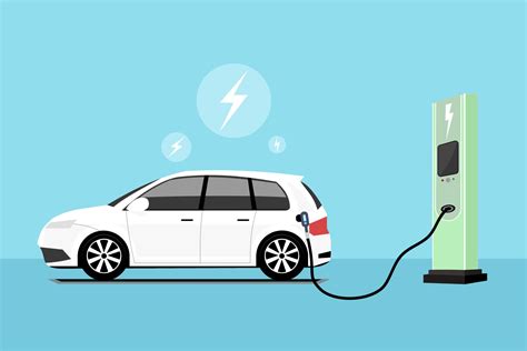 Flat Vector Illustration Of Electric Car Charging At The Charger Station Electromobility E