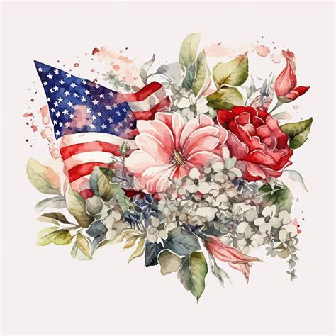 Premium Vector A Watercolor Illustration Of The American Flag With Flowers