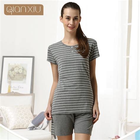 Qianxiu Couple Pajama Sets Summer Casual Modal Lounge Wear Stripe Short