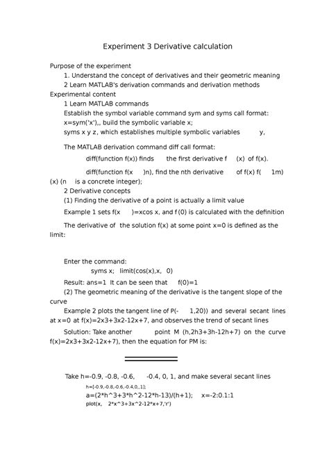 Experiment 3 Derivative Calculation Experiment 3 Derivative