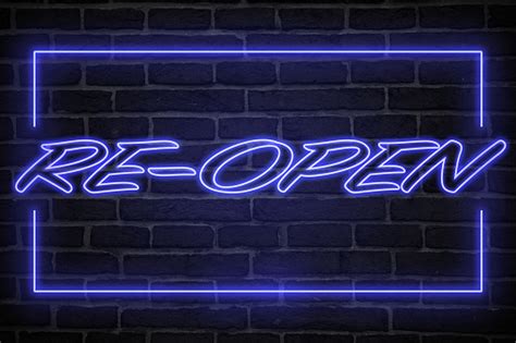 Open Neon Sign Blue Glow Neon Text Brick Wall Lit By Neon Lamps Night Lighting On The Wall