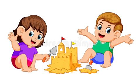 Boy And Girl Making A Big Sandcastle At Beach Stock Vector