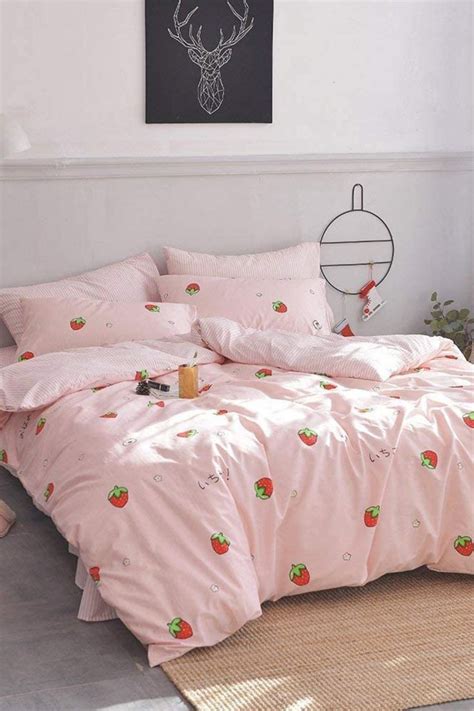 Aojim Duvet Cover Set Pure Cotton Cute Pink Anime Bedding Set Pcs