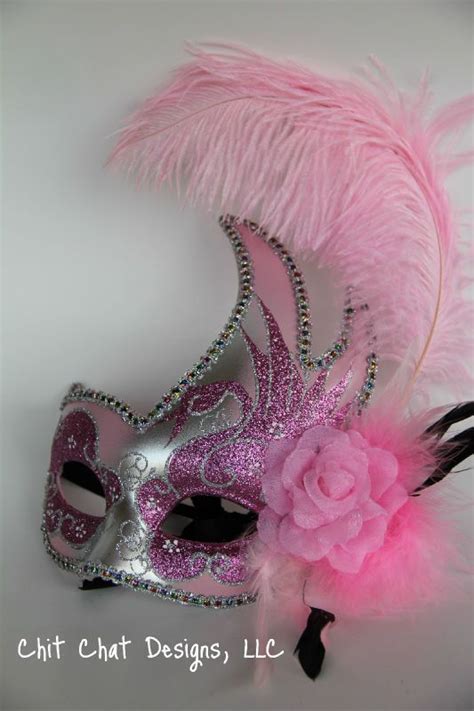 Mardi Gras Mask Silver W Purple Details Pink Feathers Flower Costume