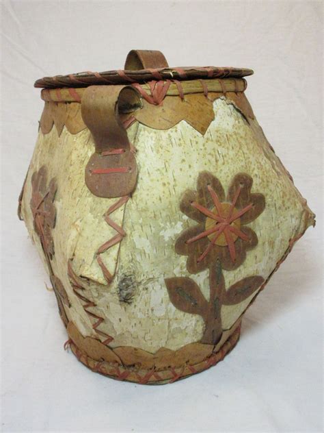 Ojibwa Birch Bark Basket With Lid 10h X 10w Broken Handle