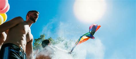 Gay Pride Men Dancing LGBT People On Truck With Rainbow Flag Editorial Image Image Of Minority
