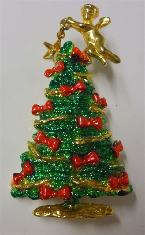 Vintage Signed Ajc Rhinestone Star Angel Enamel Christmas Tree Pin