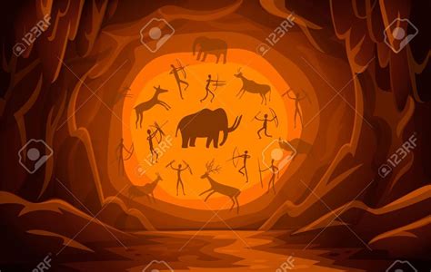 Prehistoric Cave With Cave Drawings Cartoon Mountain Scene Background