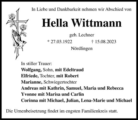 Traueranzeigen Von Hella Wittmann Augsburger Allgemeine Zeitung