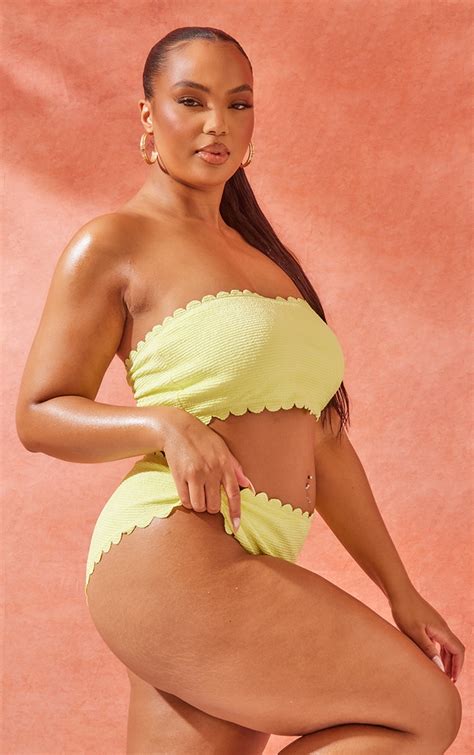 Plus Citrus Yellow Crinkle Scallop Edge High Leg Bikini Bottoms Plus Size Prettylittlething