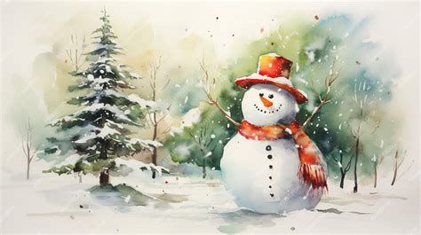 Premium AI Image | Snowman and Christmas tree watercolor style