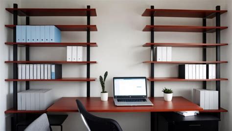 A Modern Office Workspace Featuring Organized Shelves And Technology