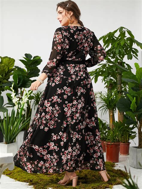 Shein Modely Plus Allover Floral Print Contrast Mesh Maxi A Line Dress