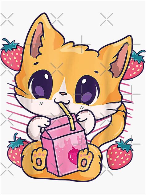 Strawberry Milk Cat Cute Kawaii Kitten Anime Neko Shake Sticker For