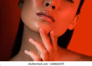 Smiling Beautiful Naked Asian Girl Touching Stock Photo 1648663363