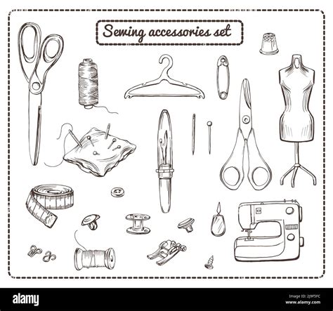 Hand Drawn Tailoring Elements Collection With Sewing Equipment