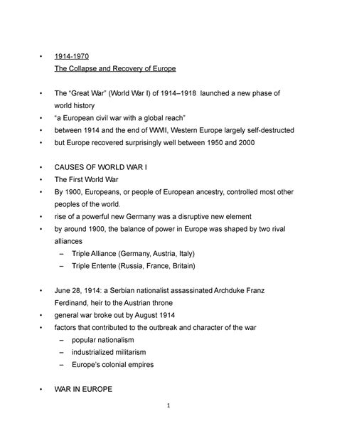 2021 Hist 1111 Lecture Notes The Collapse And Recovery Of Europe I