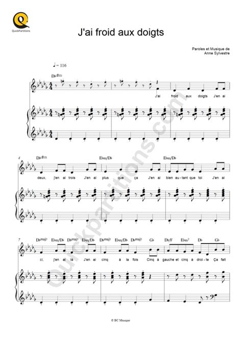 J Ai Froid Aux Doigts Piano Sheet Music From Les Fabulettes D Anne