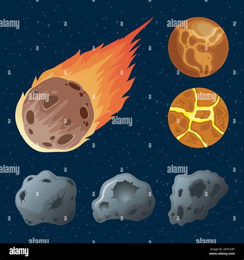 Asteroides Con Planetas Y Meteoritos Sobre Fuego Iconos Ilustración Vectorial Diseño Imagen