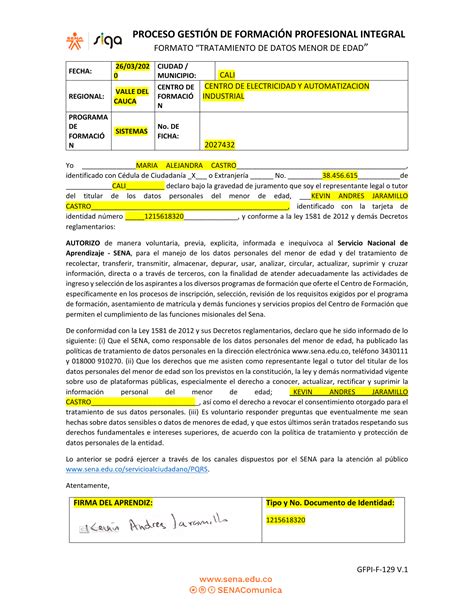 Ejemplo Diligenciar Formato De Tratamiento De Datos