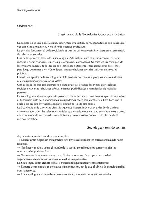 Sociología General Resumen MODULO 01 Surgimiento de la Sociología