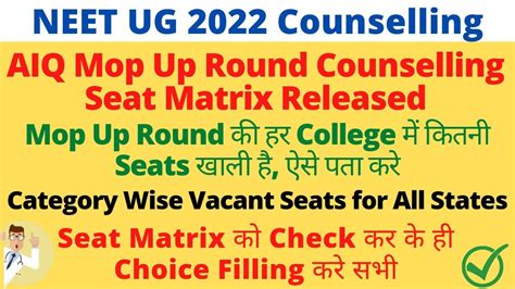 NEET UG Counselling 2022 Mop Up Round Seat Matrix Released Check