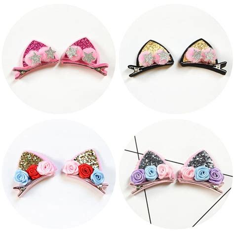 2pcs Set Cute Hair Clips For Girls Glitter Rainbow Felt Fabric Flowers Hairpins Cat Ears Bunny