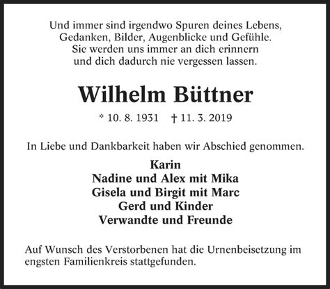 Traueranzeigen von Wilhelm Büttner Trauer in NRW de