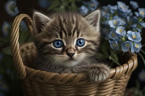 Premium Photo A Striped Kitten In A Flower Basket With Wide Open Blue