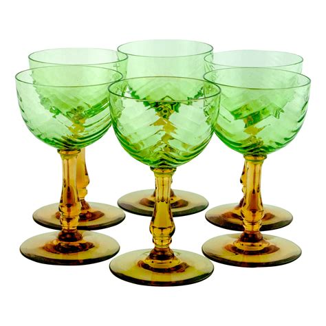 Green Vaseline Glass Brown Stem Vintage Cocktail Coupe Glasses