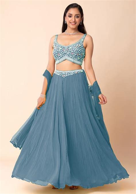 Buy Women Steel Blue Lehenga Set With Abstract Hand Embroidered Blouse