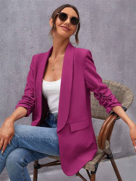 Shein Bizwear Shawl Collar Ruched Sleeve Open Front Blazer Shein Singapore