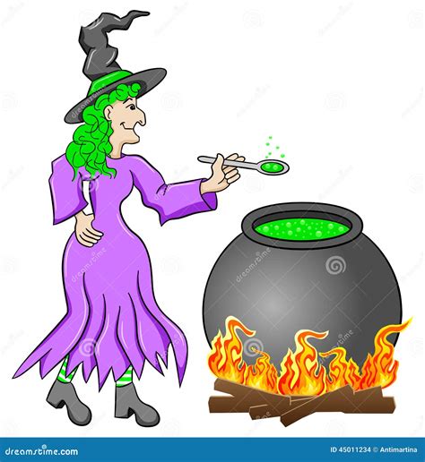 Witch Cooking A Magic Potion In The Cauldron Stock Vector