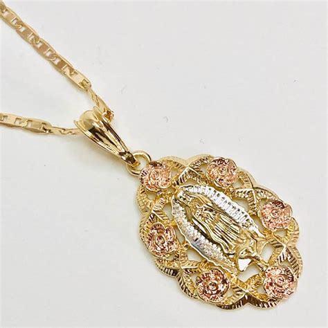 14k Gold Plated Virgin Mary Flower Pendant Necklace Virgen De Etsy