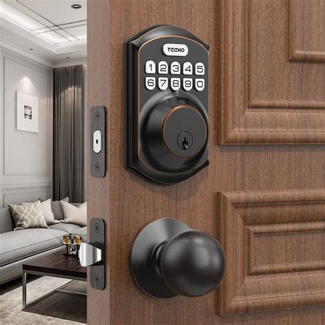 Teeho Keyless Entry Door Lock With Handle Electronic Keypad Deadbolt With Door Knob Deadbolt