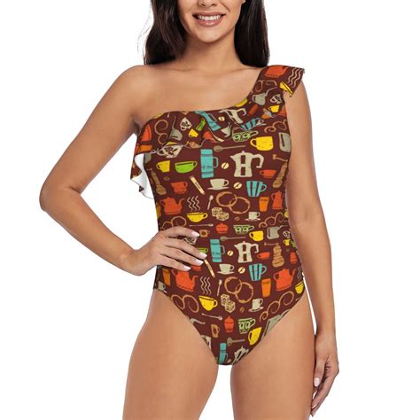 Easygdp Retro Coffee Womens One Shoulder Ruffle Monokini Bathing Suits