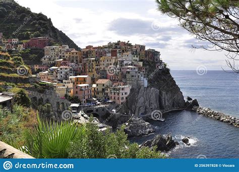 Panoramic View Architecture Of Manarola Village From Cinque Terre National Park In Italy Stock