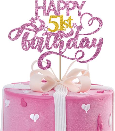 Pink Glitter Happy 51st Birthday Cake Topper Fifty One