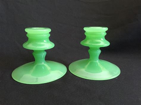 Gorgeous Vintage Set 2 Jadeite Candlestick Holders Fenton New Martinsville Candlesticks