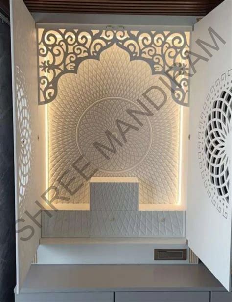 White Polished Solid Surface Corian Pooja Mandir For Home With Light At