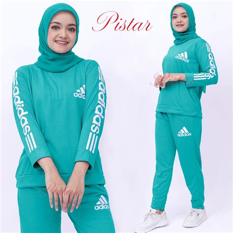 Jual Baju Olahraga Set Wanita Muslimah Setelan Senam Training Garis