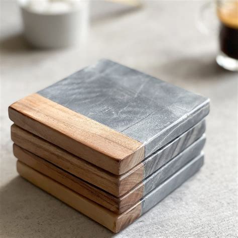 Set Of 4 Marble And Wood Square Coasters Handmade Coffee Etsy