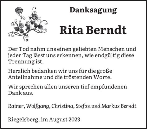 Traueranzeigen Von Rita Berndt Saarbruecker Zeitung Trauer De