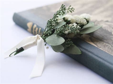 Eucalyptus Boutonniere Ivory Dried Flower Lapel Pin Woodland Etsy