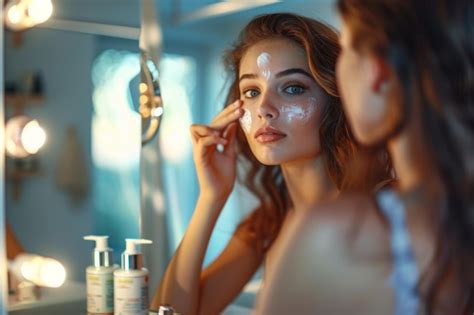 Premium Photo Youthful Skincare Routine Woman Applying Serum In