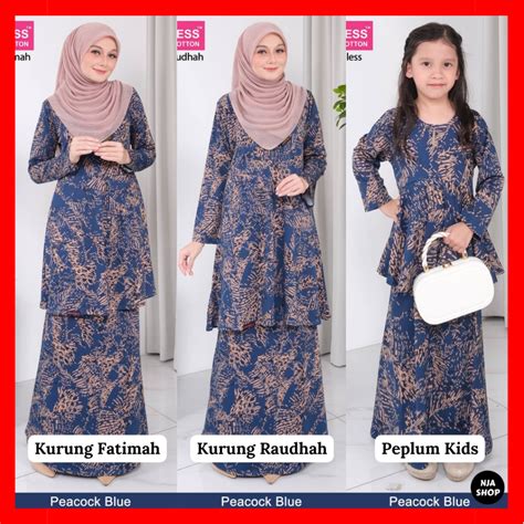 Raya Dhia Cotton Ironless Set Peacock Blue Baju Kurung Fatimah