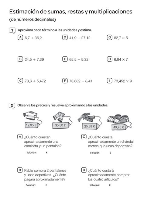 Estimaci N Sumas Restas Y Multiplicaciones Con Decimales Worksheet