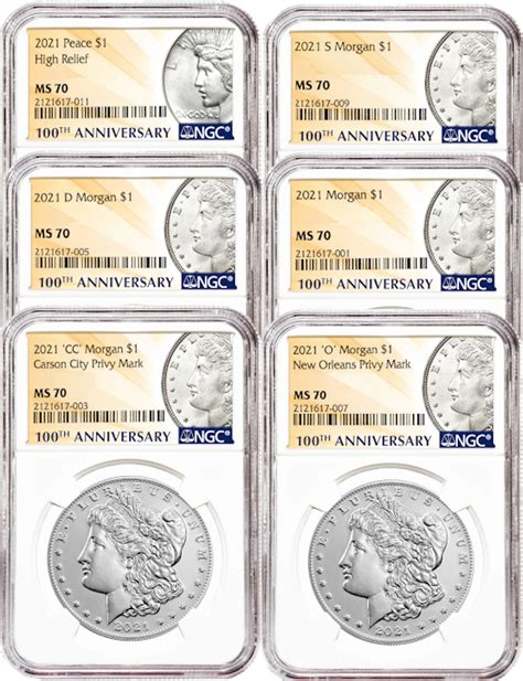 2021 Morgan Peace Dollar Ngc Ms70 6 Pc Complete Set Lcr Coin