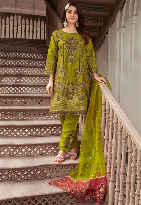 Buy Embroidered Organza Pakistani Suit In Olive Green Online Kvg